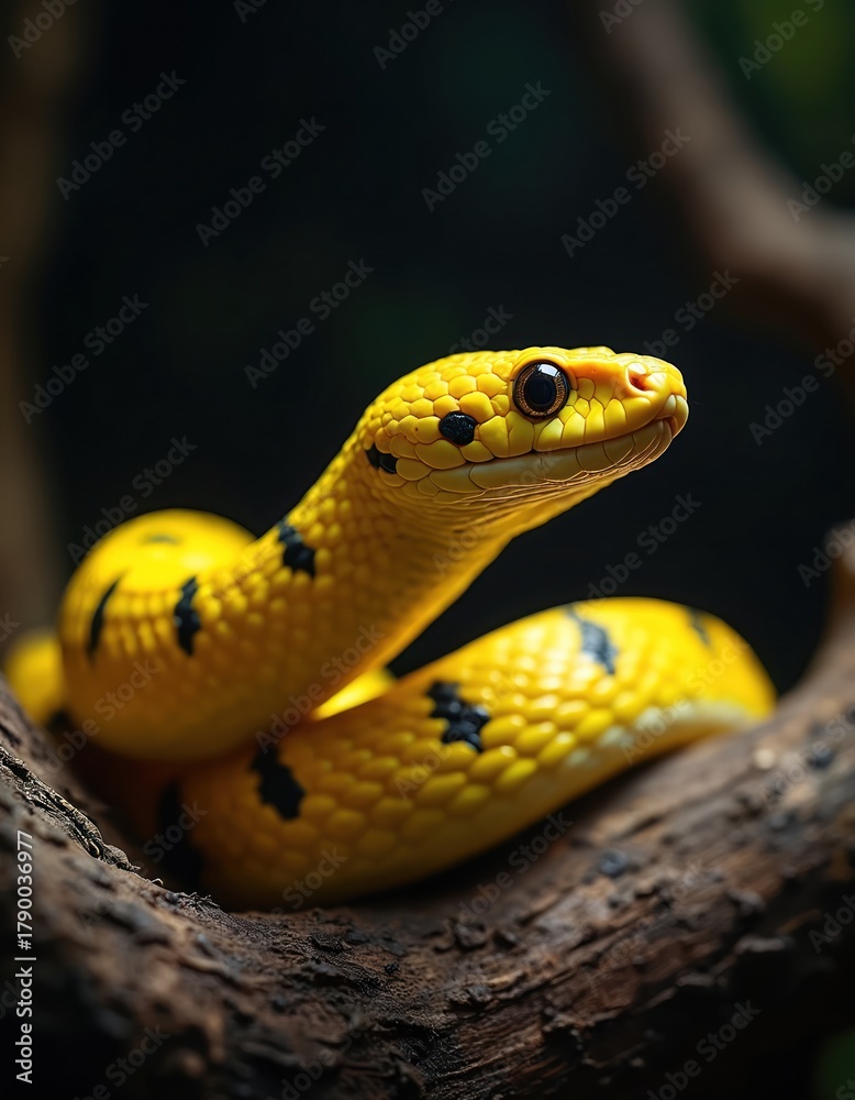 Fototapeta premium Close up with yellow snake with black spots on branch. Reptile looks at camera. The viper skin has a pattern. Zoo animal in its natural habitat. It can be poisonous.