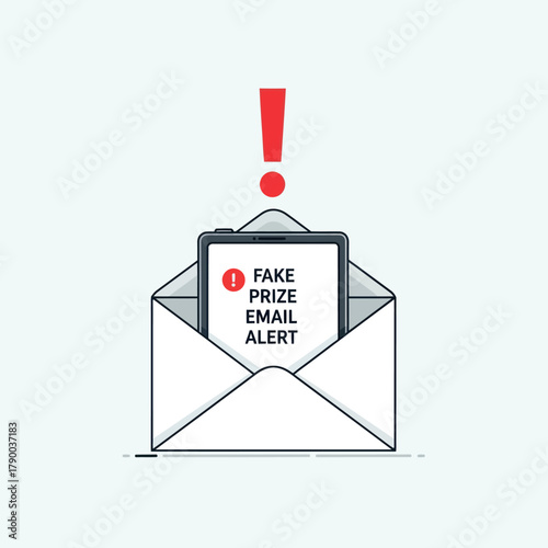 Fake Prize Email Alert Warning Sign on Phone Screen Inside Envelope.
