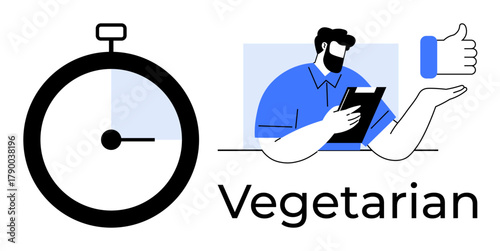Timer next to person with clipboard and thumbs-up gesture. Ideal for healthy eating, time management, vegetarianism, decision-making, lifestyle tracking, diet planning, simple flat metaphor