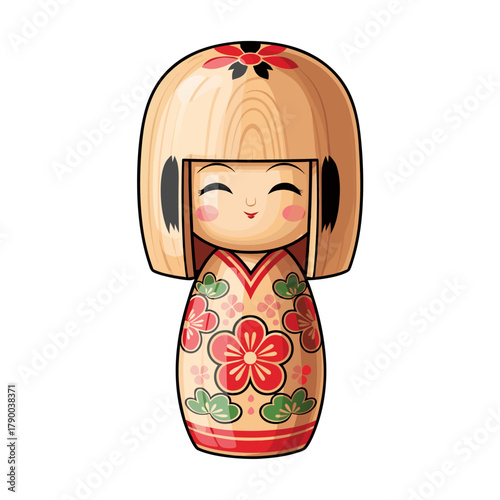 Kokeshi doll with floral design in traditional Japanese style  