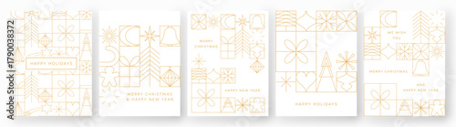 Christmas card set, gold poster collection, line decoration