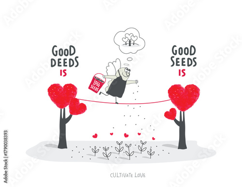 Vector cartoon sketch of Angel who plants trees of love and cultivate love. Self-Love, Mental Health, and positive Psychotherapy. Concept of care, philanthropy and support. Good deeds is good seeds.
