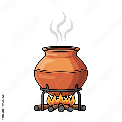 Traditional clay pot heating over open fire with steam rising  