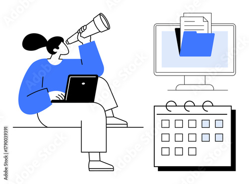 Woman using laptop and telescope, desktop computer with folders, and calendar. Ideal for planning, organization, exploration, time management, task prioritization innovation productivity. Simple
