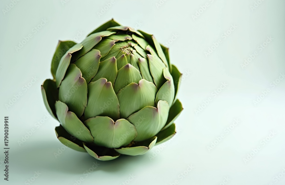 Fototapeta premium Fresh whole artichoke with layered green leaves. Its unique shape and texture are visible. This healthy vegetable is ready for culinary use. Good for diet or cooking.