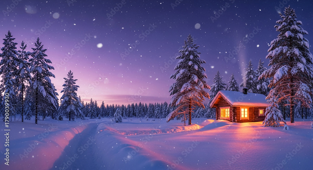 Fototapeta premium Snowy landscape featuring a cabin with glowing windows surrounded by pine trees, representing winter warmth, nature retreat, and tranquil escape