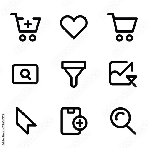 Set of nine black outline icons for e-commerce and web interface functions shopping cart add to cart