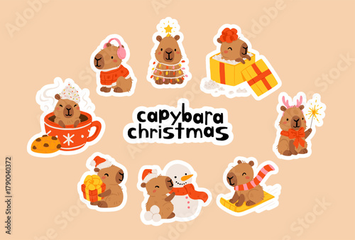 Cute Christmas capybara sticker set. cozy festive vector illustration with Santa capybara, snowman, cocoa mug, gift box, sleigh, cookies and lights. adorable kawaii animal collection for winter design