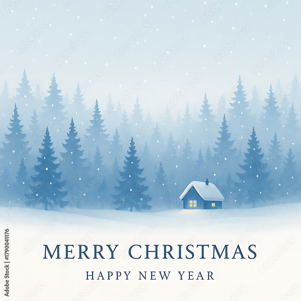 Fototapeta premium Winter Christmas Landscape with Snowy Forest and Cozy Cabin Greeting Card