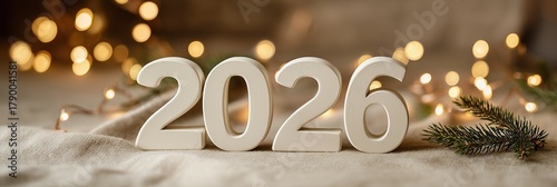 White wood 2026 numbers on linen surface, surrounded by golden fairy lights and sprigs of pine