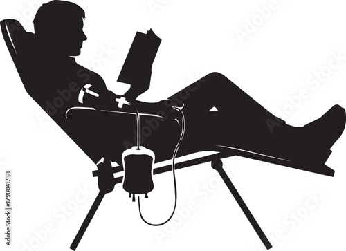 Silhouette of person relaxing while reading in a reclining chair with iv drip