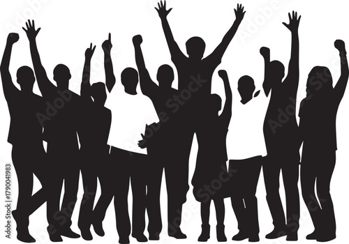 Diverse group of people celebrating together arms raised in joy and triumph