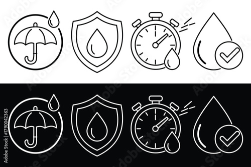 Waterproof and water-resistant line icons set on a white and black background