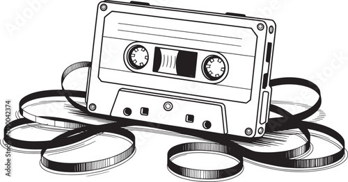 Old fashioned analog cassette tape with tangled magnetic ribbon recording storage medium vintage style vector.
