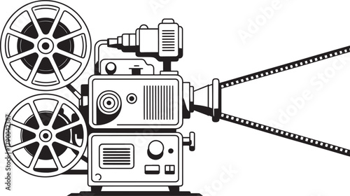 Monochrome graphic illustration of a vintage analog film projector with reels and film strips