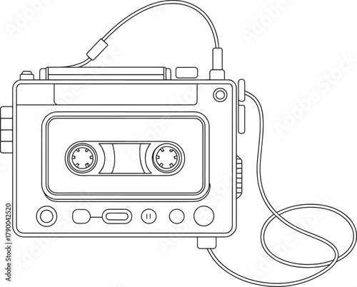 Portable audio cassette player outline drawing listening to boombox culture eighties nineties sound technology