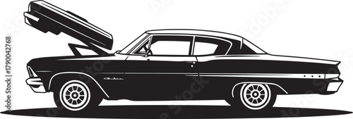 Side view black silhouette of vintage american classic automobile with open hood graphic on transparent background now.