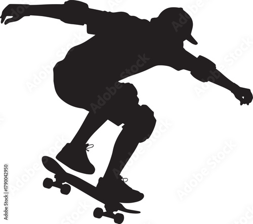 Skateboarder silhouette executing jump trick dynamic action youth sport extreme urban recreation illustration vector
