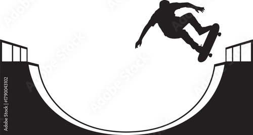 Skateboarder silhouette performing aerial trick over halfpipe ramp sports action vector illustration