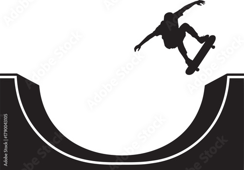 Skateboarder silhouette performing grab trick over halfpipe ramp extreme sport action vector