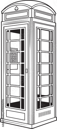 Traditional british red telephone kiosk public communication box line art vector illustration sketch engraving style.
