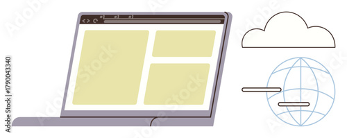 Laptop screen with layout design beside cloud and globe icons. Ideal for technology, internet, connectivity, networking, global data, cloud computing, remote solutions. Simple flat metaphor