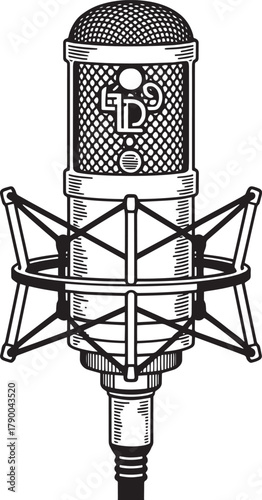 Vintage style illustration of condenser microphone with brand logo and shock mount for vocal broadcast