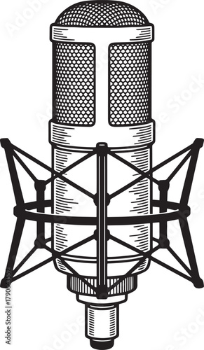 Vintage style illustration of studio microphone with shock mount perfect for sound recording equipment