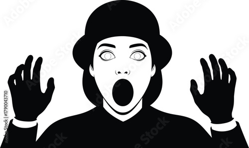 A person with a surprised expression wearing a bowler hat and gloves, , conveying shock, surprise, or astonishment in a simple yet impactful monochrome illustration