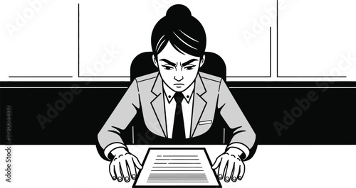 An angry businesswoman is sitting at her desk, reviewing a document with a furrowed brow, conveying a sense of frustration and determination in a monochrome illustration