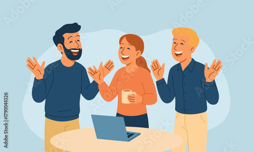 Group of cheerful coworkers laughing together during casual talk at workplace. Positive atmosphere and friendly teamwork concept in flat vector style.