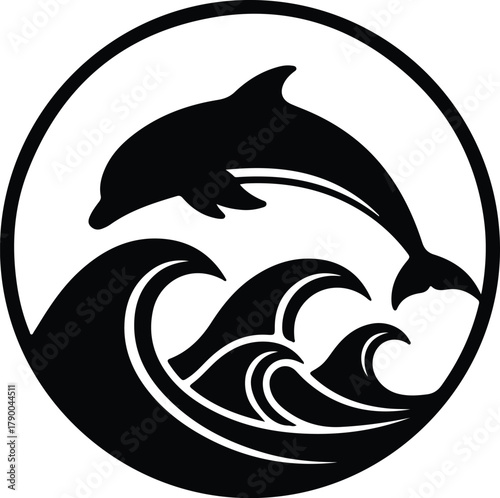 Illustration dolphin jumping over wave in a circle silhouette vector