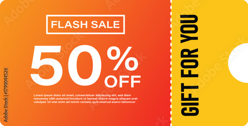 Flash sale announcement with 50 percent off and gift for you text on a vibrant orange and yellow background with a coupon design