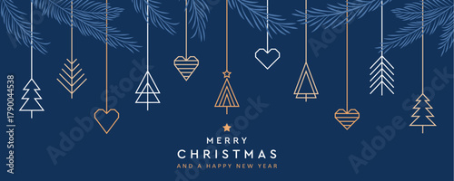 merry christmas card with hanging decoration in form of tree and heart vector illustration