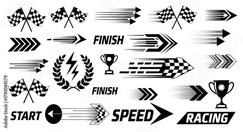 Set of twentyone black and white racing stripes and graphic elements, designed for adding a dynamic and sporty look to vehicles or designs
