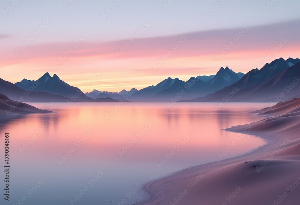 Fototapeta premium Peaceful sunrise over mountain lake with soft pastel colors