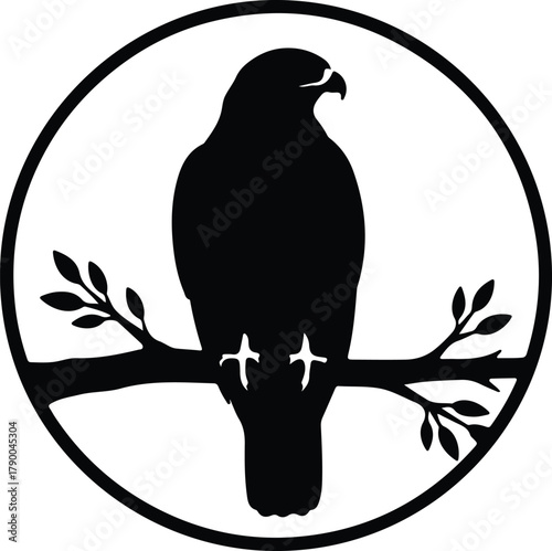 Illustration falcon bird on branch within a circle silhouette vector
