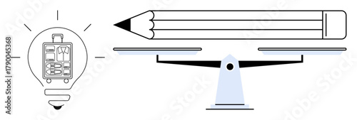 Lightbulb with gear and suitcase inside and pencil balanced on scales. Ideal for innovation, creativity, work-life balance, decision-making, business planning, productivity, and resource management