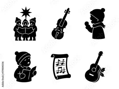 Christmas carol silhouettes, choir and music icons