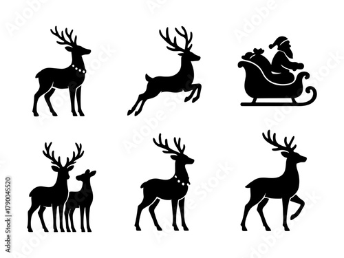 Reindeer and sleigh silhouettes, christmas deer set
