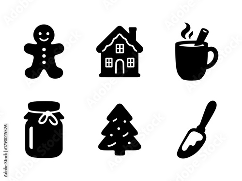 Christmas kitchen silhouettes, gingerbread and cocoa icons