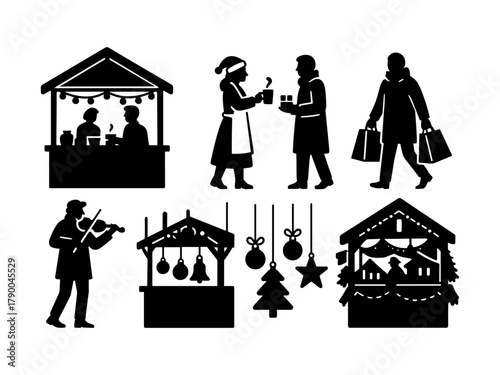 Christmas market silhouettes, winter people and stalls
