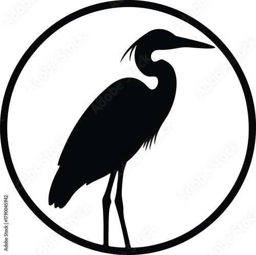 Illustration great blue heron standing in circle frame silhouette vector
