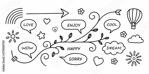 Black-and-white doodle collection with expressive words, cute symbols, hearts, stars, suns, notes, arrows, clouds, and fun decorative shapes. Clean vector line illustration for creative projects.