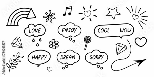 Playful hand-drawn doodle set featuring speech bubbles, words, hearts, stars, sun icons, music notes, arrows, and decorative line art. Minimal black-and-white vector illustration for creative design.