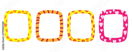Set whimsical animal pattern frames. Hand drawn trendy cute giraffe, tiger, heart frames photo decor. Minimalist vector doodle border isolated on white background.
