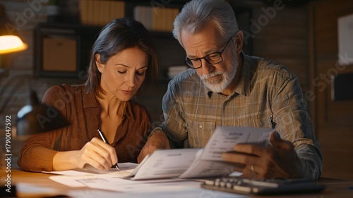 Elderly couple calculating household expenses together