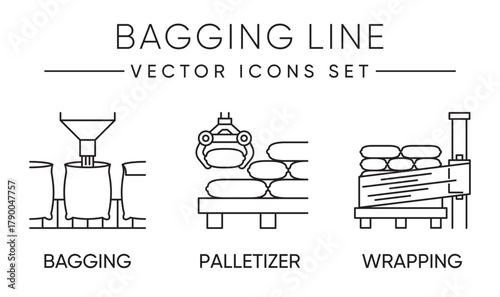 Bagging line icons set with robotic equipment for palletizing and wrapping