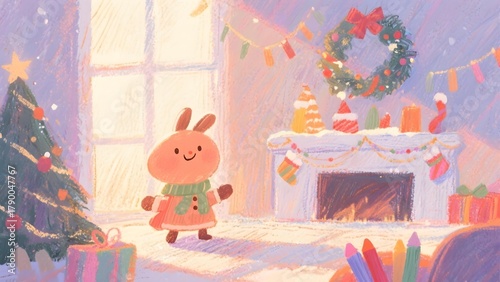 A charming Christmas bunny, nestled cozily in a room overflowing with festive holiday decorations, creating a heartwarming and joyful seasonal scene.