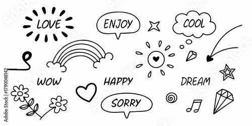 Playful hand-drawn doodle set featuring speech bubbles, words, hearts, stars, sun icons, music notes, arrows, and decorative line art. Minimal black-and-white vector illustration for creative design.